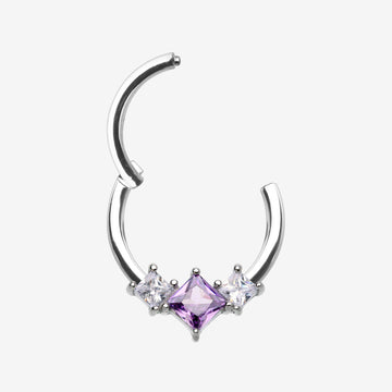 Detail View 1 of Brilliant Sparkle Princess Trio Sparkle Clicker Hoop Ring-Amethyst/Clear Gem